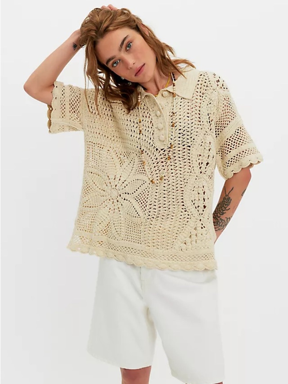 We The Free Crochet Knit Polo Top in Beige Cream